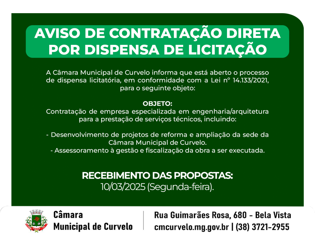 AVISO DE CONTRATAÇÃO DIRETA POR DISPENSA DE LICITAÇÃO - PROJETOS DE ENGENHARIA E FISCALIZAÇÃO